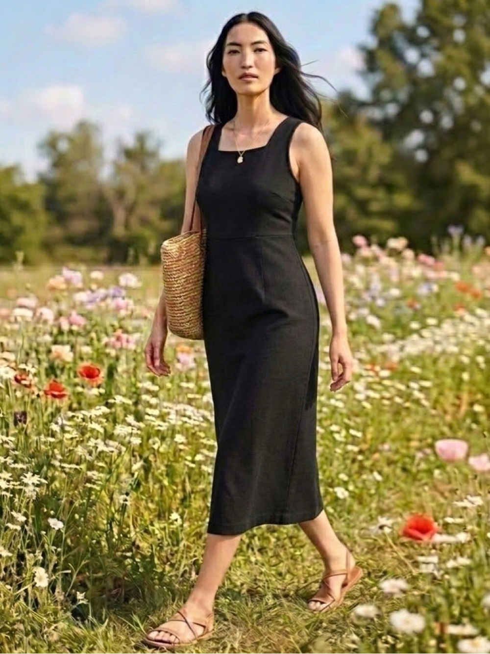 Talbots Black Sleeveless Midi Dress, Ponte, classy, clean girl